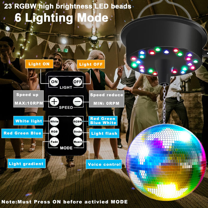 Mirrors Ball Motor with Remote, 5-10 RPM Adjustable Spinner with 23 RGBW LED Rotator with Multi Light Mode and Sound Control for 6 to 12 Inch Mirror Ball(Not Included)