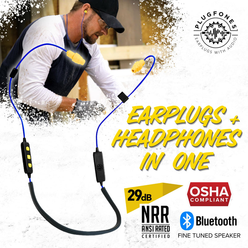 Plugfones Liberate 2.0 Bluetooth Earplug Headphones for Work, OSHA Earbuds | 29dB NRR Hearing Protection Earbuds, Work Headphones, Wireless Safety Ear Plugs, Mic, Construction, Warehouse, Blue & Yellow Blue/Yellow