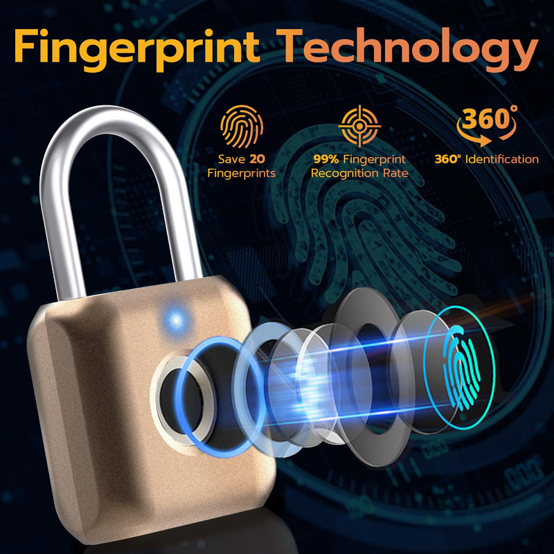 Pothunder Fingerprint Padlock, Smart Padlock, Locker Lock, Biometric Metal Keyless Fingerprint Lock, USB Rechargeable, for Gym Locker, Luggage, Backpack(Placer Gold) Placer Gold