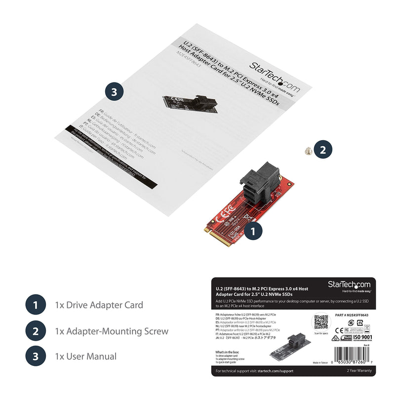 StarTech.com U.2 to M.2 Adapter - for 1 x U.2 PCIe NVMe SSD - M.2 PCIe x4 Host Interface - U.2 SSD - M.2 PCIe Adapter - U.2 Drive (M2E4SFF8643)