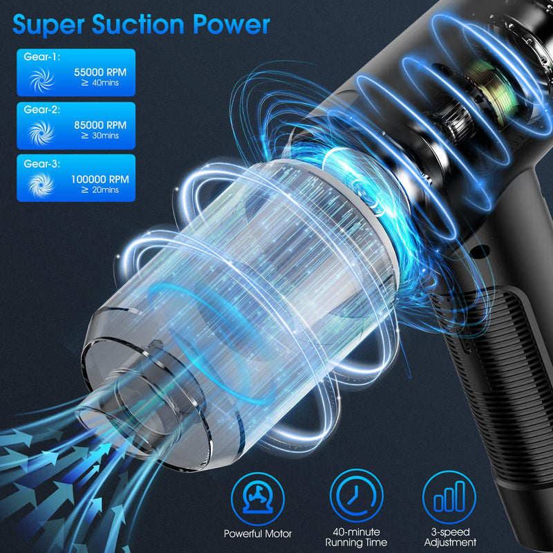[AUSTRALIA] - Compressed Air Duster, 100000RPM Handheld Car Vacuum/Air Blower& Pump, 3 Gear Adjustable Electric Air Duster/Car Vacuum Cleaner, Keyboard Duster with LED Light-10 Kits Air Blower for Computer VC016 Black 