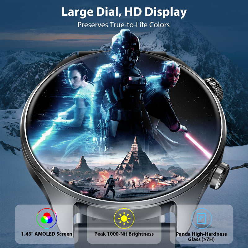 GPS Smart Watch Men Women, 30m Waterproof for Android iPhone | Running Watch Men Bluetooth Call, 1.43" Round AMOLED Display, Heart Rate/Sleep/SpO2 Monitor, 100+ Sport Modes Step Counter Black+Black