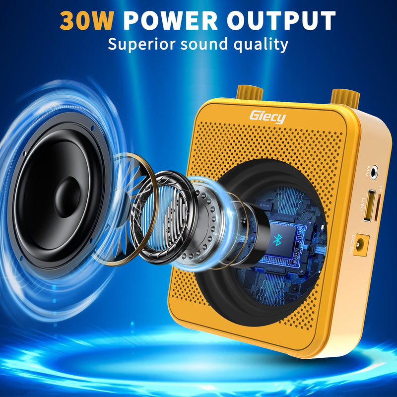 [AUSTRALIA] - Voice Amplifier, Giecy 30W 2800mAh Rechargeable Personal Voice Amplifier with Microphone Headset, Portable Speaker for Multiple Locations Classroom, Meetings and Outdoors (G300-Yellow) G300-Yellow 