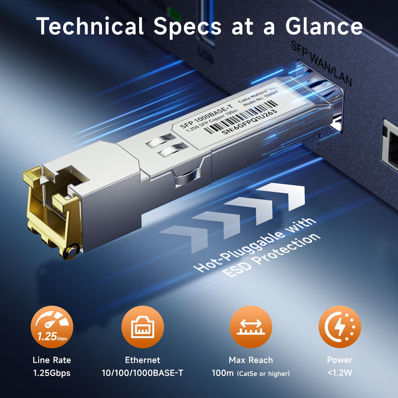 Cable Matters 1000BASE-T Gigabit SFP to RJ45 Copper Transceiver, up to 100m | Ethernet Transceiver Module, Compatible with Cisco, Ubiquiti, TP-Link, Netgear, MikroTik and Supermicro Equipment 1 Gigabit
