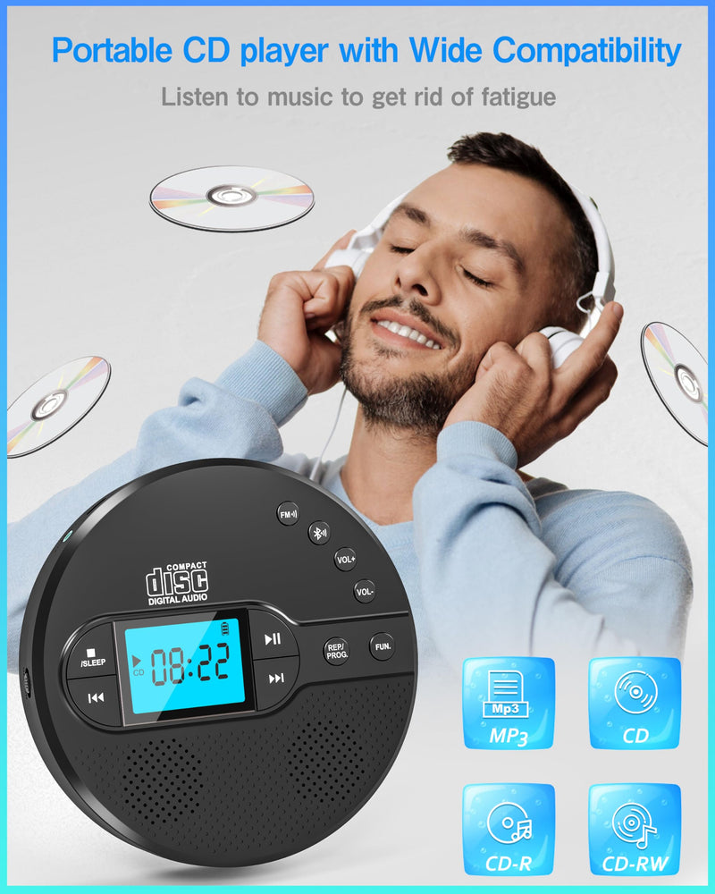 Portable CD Player with Bluetooth, Walkman CD Player with FM Transmitter and Speakers for Car, Rechargeable Discman CD Player with Anti-Skip Protection, Headphones, LCD Display (Black)