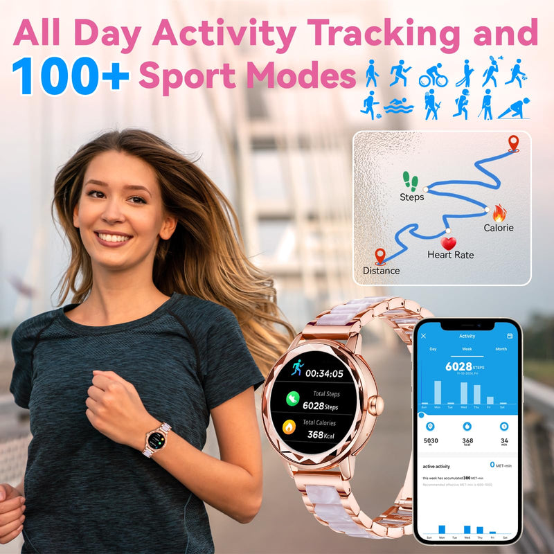 Smart Watch for Women, 1.2" Display 100+ Sports, IP68 Waterproof | Fitness Tracker with Heart Rate, Sleep & Female Cycle, Adjustable Fit, iOS & Android Compatible, W01-Rose Gold