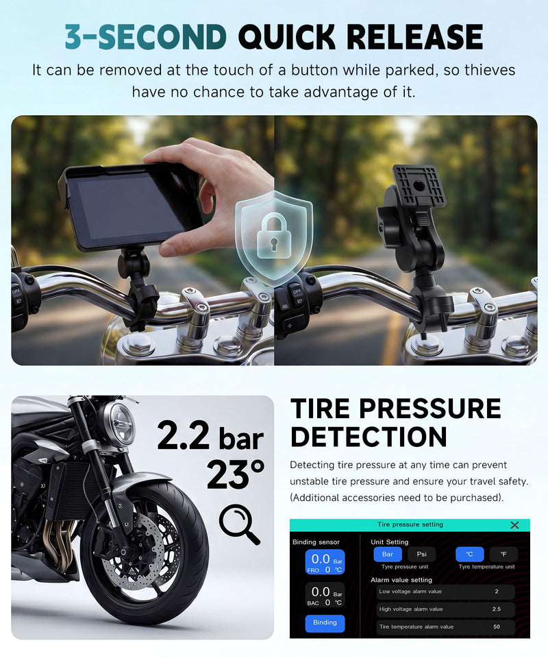 Motorcycle Wirelsss Carplay Android Auto Screen, 5" Wireless CarPlay | with Anti-Theft Design Mount, IP68 Waterproof Car Play Moto Touchscreen Dual Bluetooth Portable GPS Navigation