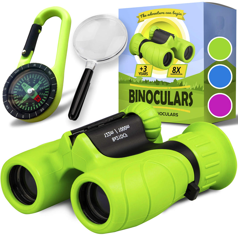 [AUSTRALIA] - Binoculars for Kids – Perfect Toy for Little Boys and Girls – Extensive Set Incl. Magnifying Glass & Compass – Powerful Magnification 8X21 – 3 to 12 Year Old Kids for Toddler Green 
