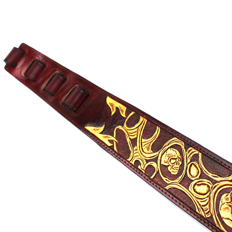 Walker And Williams LHR-45 Handmade Blood Red Premium Carving Leather Guitar Strap With Bright Gold Barbed Skull Carving And Padded Leather Back For Acoustic, Electric, And Bass Guitars