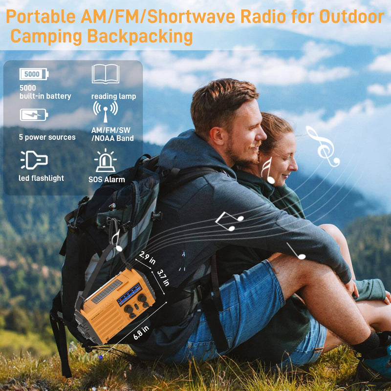 [AUSTRALIA] - Eoxsmile Emergency Radio with NOAA Weather Alert, 5000mAh Solar Hand Crank Portable AM/FM Shortwave Radio, Rechargeable Battery Powered, USB Charger, Flashlight, SOS Alarm for Home Outdoor Survival Yellow 