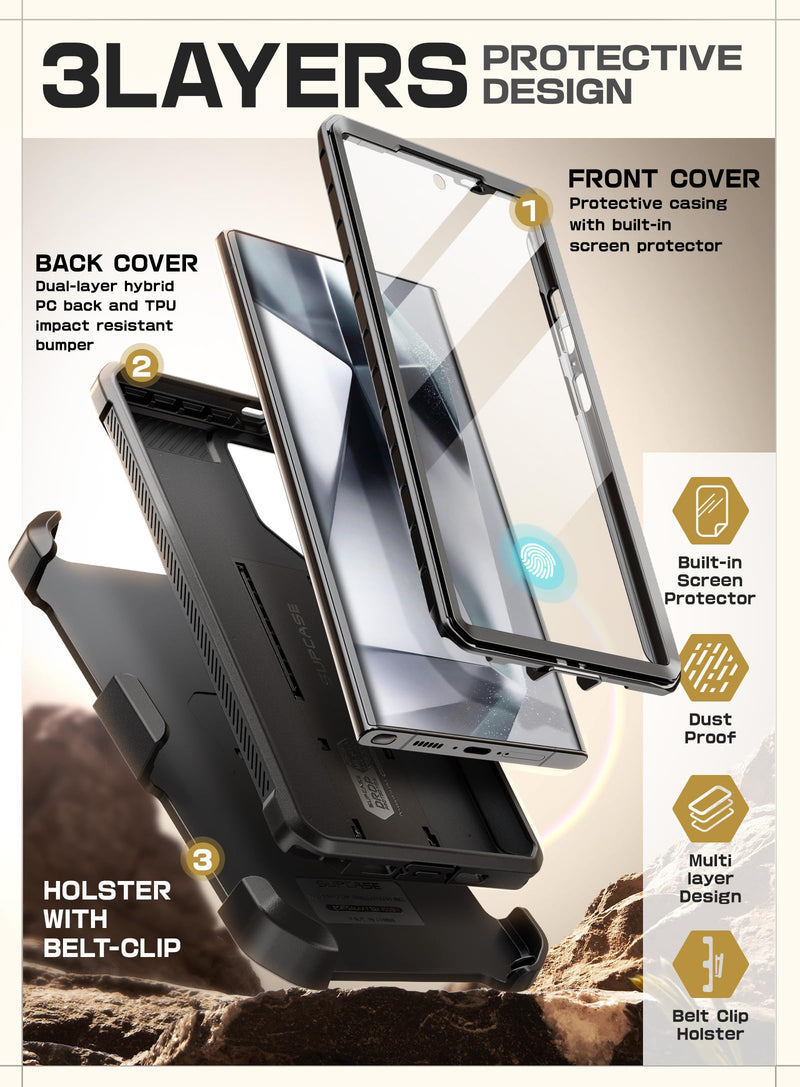 SUPCASE UB Pro Case for Samsung Galaxy S24 Ultra, [2 Front Frame] [Military-Grade Protection] Heavy Duty Rugged Case with Built-in Screen Protector & Kickstand & Belt-Clip (Black) Black