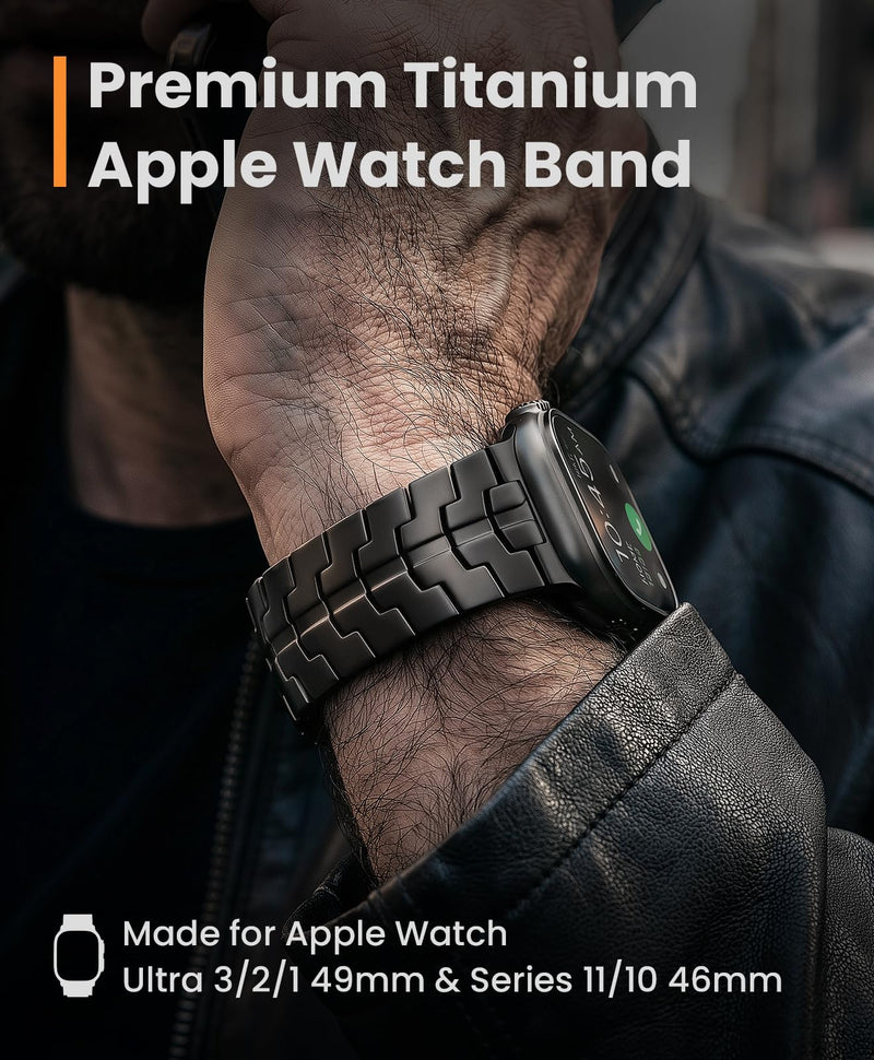 Grade 5 Titanium Band for Apple Watch Ultra 3/2/1 49mm & Series 11/10 46mm, DLC Coating Anti-Scratch Ultra 3 Band with Small-Link Design for Precise Fit, Secure Butterfly Clasp Band for Men Black Band Width 26-22mm Taper