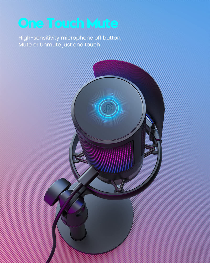 Gaming Microphone, USB PC Mic for Podcasts Videos, Streaming, Condenser Mic with Quick Mute, Tripod Stand, Pop Filter, RGB Indicator, Shock Mount, Rotate gain button, Compatible with PS4/5/PC With Stand