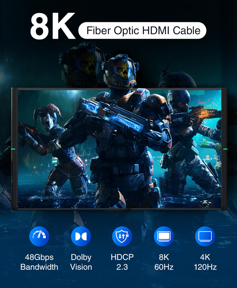 BlueRigger 10K 8K Fiber Optic HDMI 2.1 Cable 25FT in-Wall CL3 Rated 48Gbps | 8K 60Hz, HDR10+, eARC, HDMI Cord, Unidirectional Extra Long HDMI Cable - Ultra High Speed 2.1 Cable - for Gaming, VR, HDTV