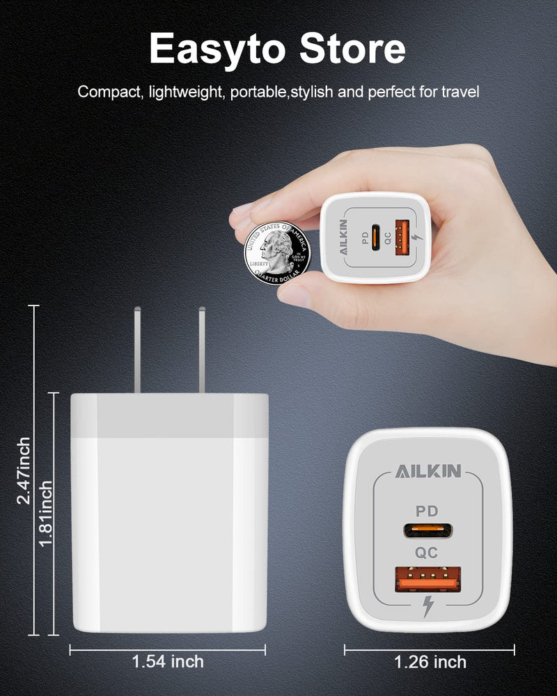 [AUSTRALIA] - 3Pack Dual Port USB-C Wall Plug-in USB Charger, AILKIN 20W Power Delivery + QC3.0 USB A Double Port Fast Charging Block for iPhone 15 14 13 12 Pro Max 14 Pro 12 Mini 11 Pro Max 14 Plus 11 SE X XS Cube White 