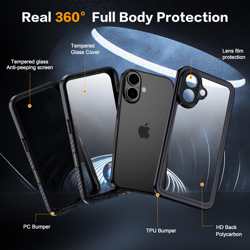 for iPhone 16 Case IP68 Waterproof, Black | Built-in Privacy Screen Protector & HD Screen Protector Shockproof Dustproof Full Body Protection iPhone 16 Phone Case
