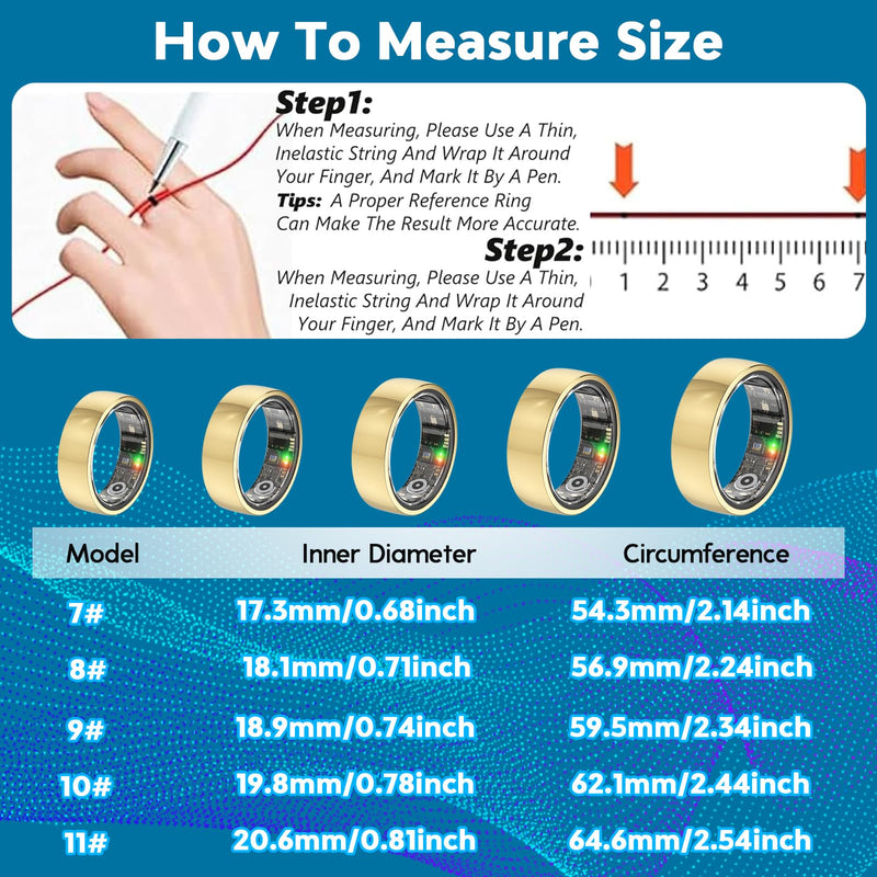Smart Health Ring,Fitness Rings Tracker with Blood Pressure Monitor Heart Rate Blood Oxygen Sleep Monitor IP68 Waterproof Step Counter Calorie Tracker Health Rings for Women Men Android iOS Phones Gold 9
