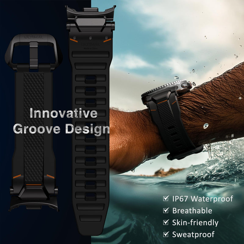 ULTIMAL Rugged TPU Band Compatible with Samsung Galaxy Watch 9/8/8 Classic | Replacement Strap with Mental Secure Connector Compatible with Galaxy Watch 9 8 44mm 40mm/8 Classic 46mm, Black+Black
