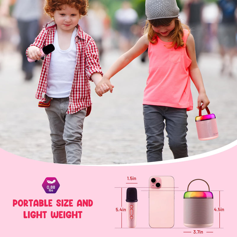 CAHAYA Karaoke Machine for Kids Gifts: Mini Bluetooth Machine with 2 Wireless Microphones Portable Karaoke Speaker with LED Lights for Kids 3 4 5 6 7 8 9 10 11 12 Years Old Singing Pink CY00369-1