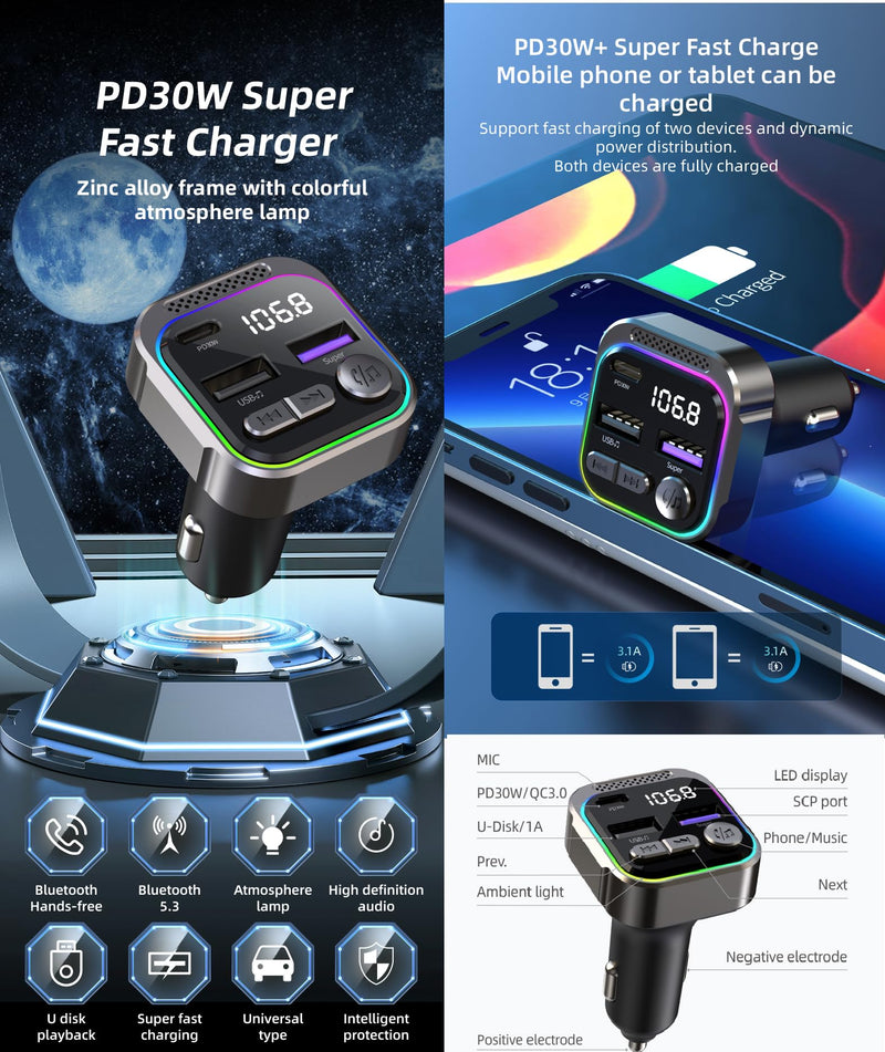 TRON Bluetooth 5.3 FM Transmitter Car Adapter 48W (PD30W +18W USB) Fast Charger, with Mic, Light Switch, HiFi Bass Sound, Audio Receiver Wireless Radio MP3, Hands-Free Calling, Support USB Drive, TR43
