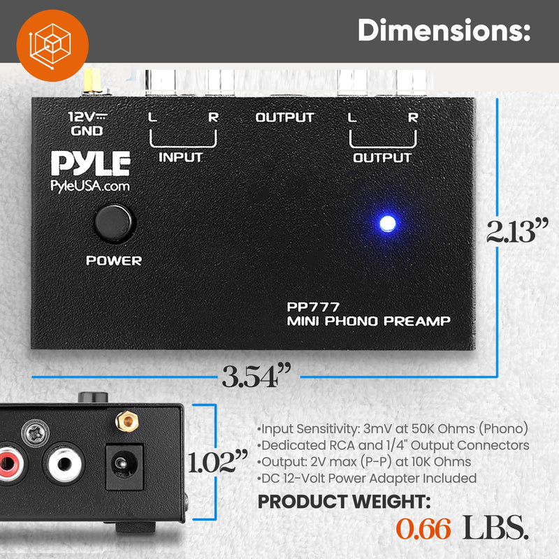 Pyle PP777 Phono Turntable Preamp Mini Electronic Audio Stereo Phonograph Preamplifier Input, RCA Output & Low Noise Operation Powered by 12 Volt DC Adapter Upgraded Model