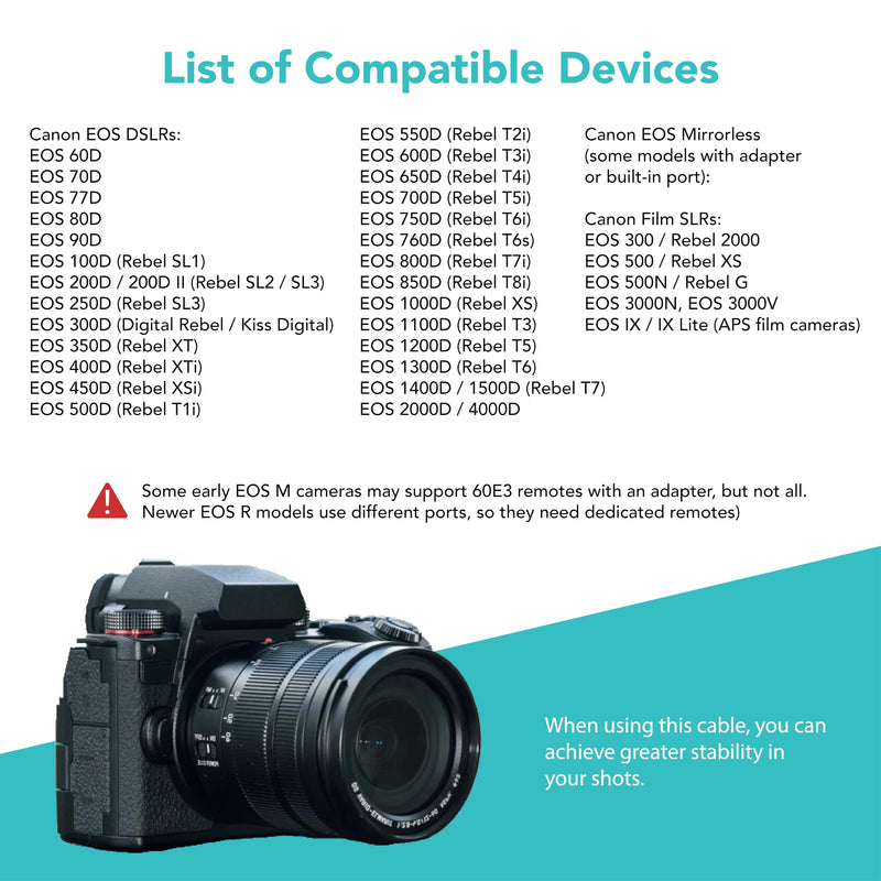 [AUSTRALIA] - Foto&Tech RS-60E3 Wired Remote Shutter Release Compatible w EOS R6 Mark III R7 T8i T7i T6i T6S T5 T5i T4i T3i T3 XT XTi SL3 SL2 RP R M 77D 80D 70D 60D 700D 650D 600D 550D 500D R8 