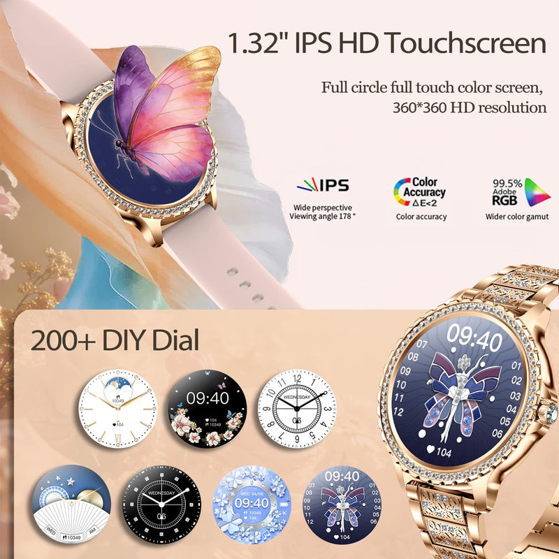 Smart Watch for Women with Diamonds, Bluetooth Calls, 1.32'' Full HD Screen Fitness Tracker with Multiple Sports Modes/Heart Rate/Sleep Monitor, IP68 Waterproof for Android iOS, Elegant Rosegold