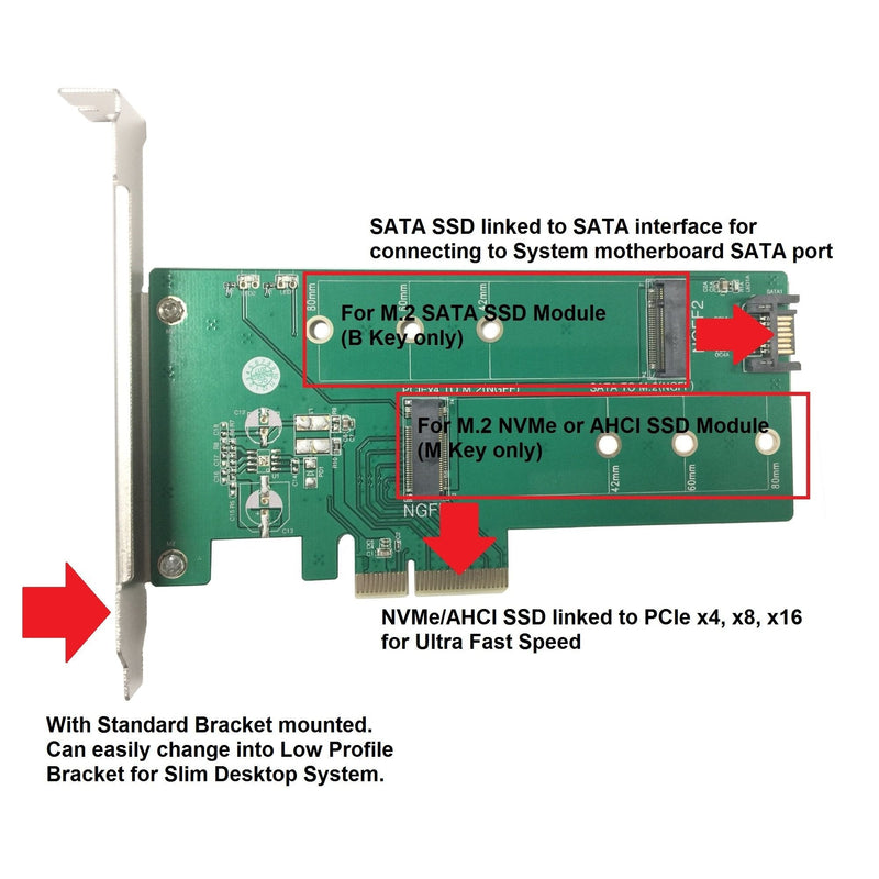 Vantec M.2 NVMe + M.2 SATA SSD PCIe x4 Adapter (UGT-M2PC200), Green 1x M.2 NvMe, 1x M.2 SSD