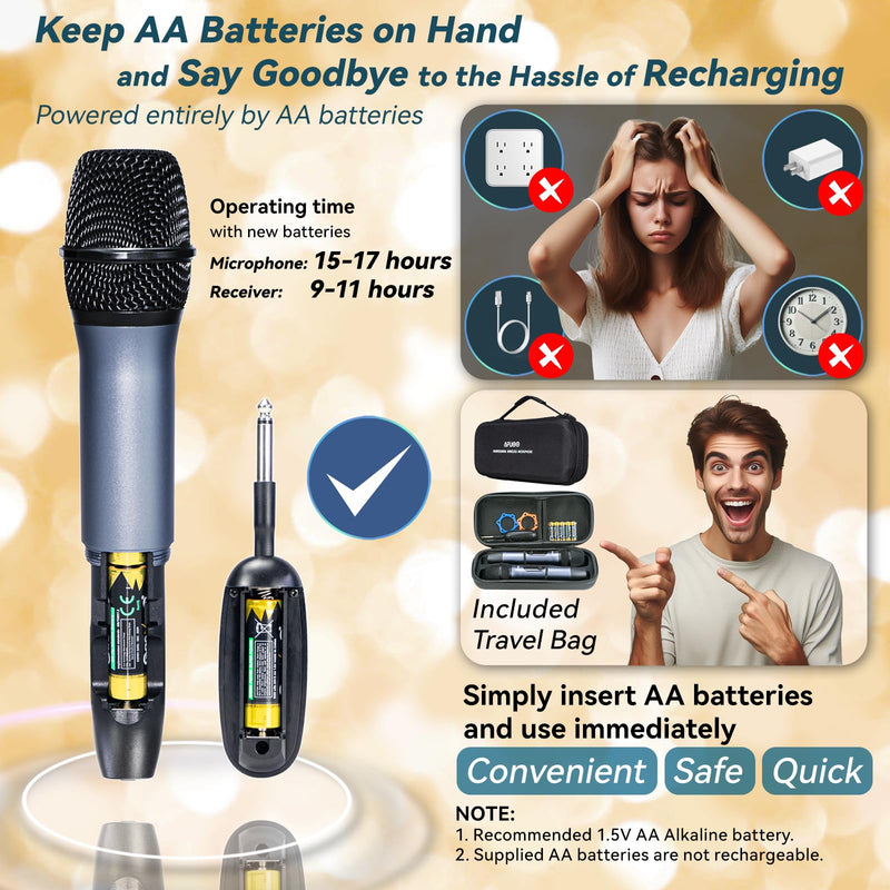 Wireless Microphone Set for Singing, Speeches, Karaoke, Dual-Mic Receiver with AA Battery, Storage Case Included, Metal Cordless Mic 2 Pack for Karaoke Machines, PA Systems, Amplifier, Navy Blue