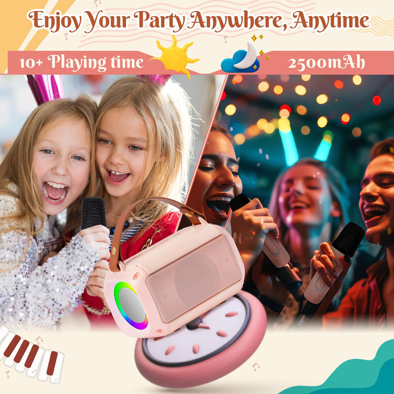 [AUSTRALIA] - MALLMALL6 Mini Karaoke Machine with 2 Wireless Microphone for Kids Portable Bluetooth 5.3 Karaoke Mic LED Color Lights Speaker Christmas Birthday Family Home Party Toys Gift for Boys Girls Pink 