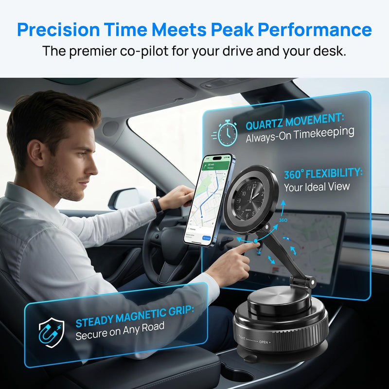 Car Mount with Clock, Folding Stand Design, Round Dial, Silver, Car or Desk