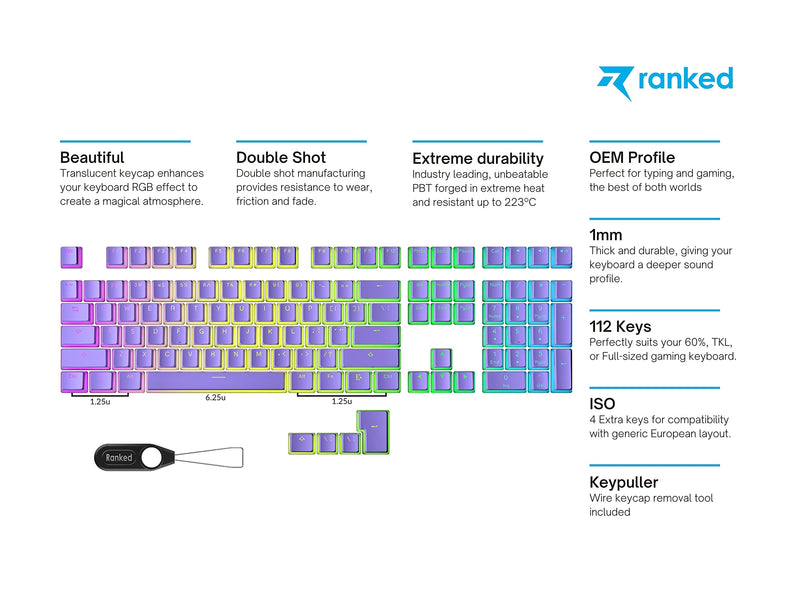 Ranked Pudding PBT Keycaps | 112 Double Shot Translucent ANSI US & ISO Layout | OEM Profile for RGB Mechanical Gaming Keyboard (Lavender) 112 Keys Lavender