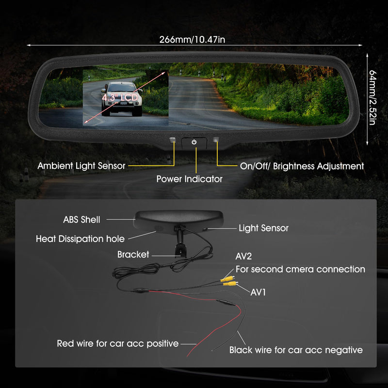 4.3inch Rear View Mirror Monitor, Auto-Dimming Rearview Monitor,480 * 272, 500 cd / m2 HD Reverse Camera System for Trucks & Van,Camera Monitor Parking Aid with Bracket