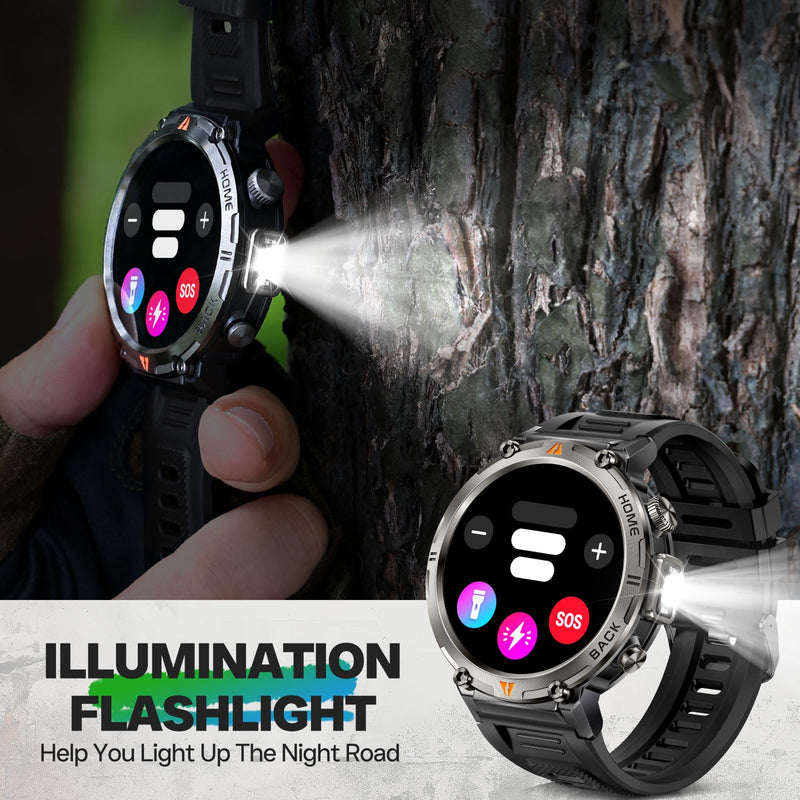 Military Smart Watch for Men, GPS Watch with Flashlight 3ATM Waterproof | Rugged Tactical Smartwatch with Bluetooth Calling Compass 1.45'' HD Sports Watch Fitness Watch Compatible with iPhone Samsung BK