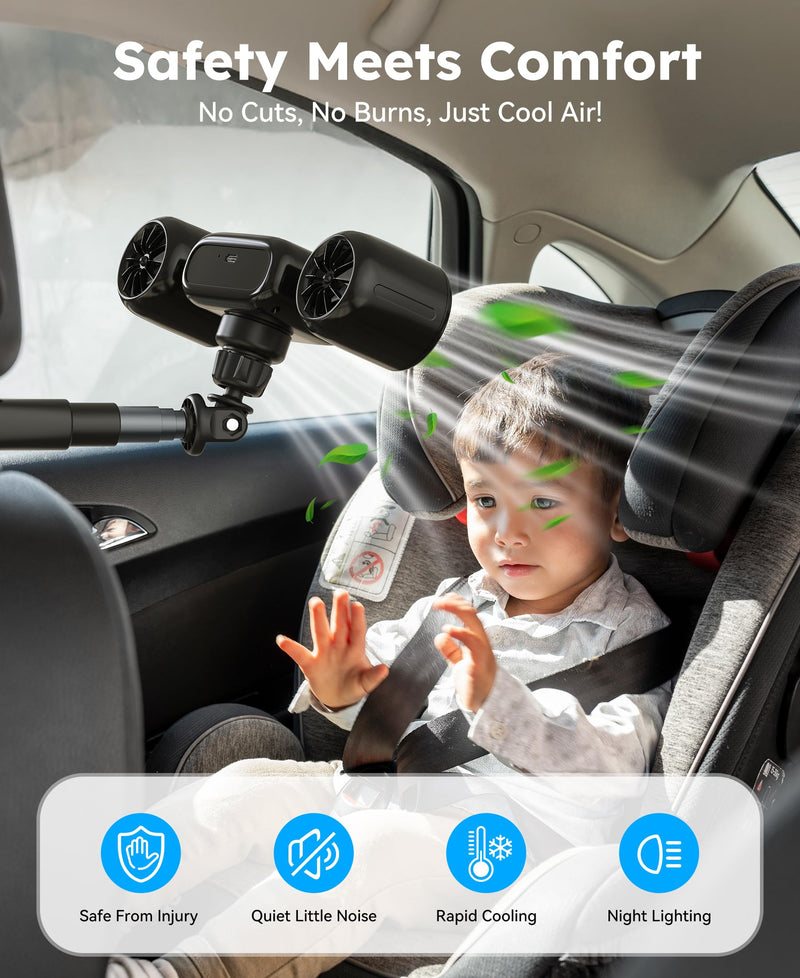 foryou Car Fans Seat Cooling Fan USB Fan 3 Wind Speeds with Night Light Portable Fans for Car Backseat for Kids Black