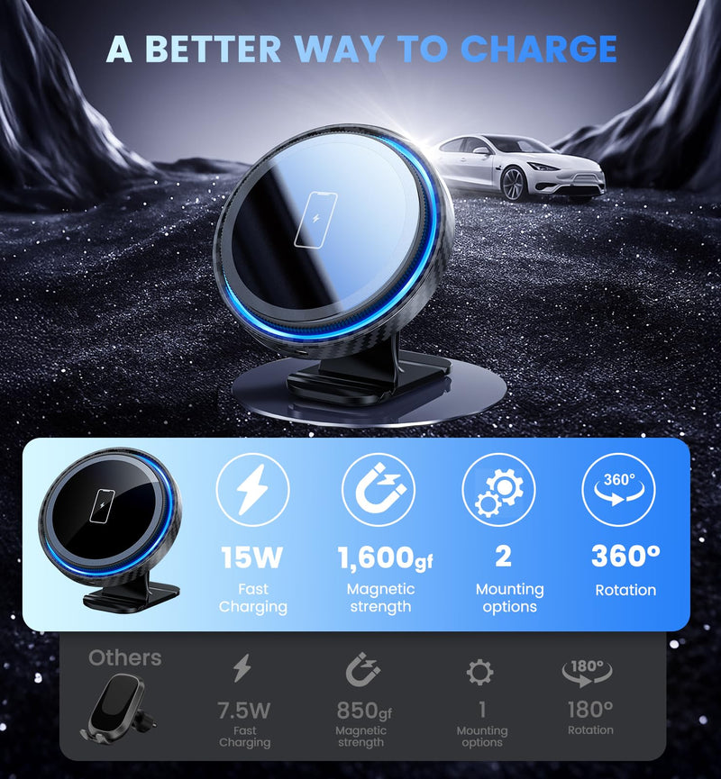 Magnetic Car Charger Mount 15W for iPhone 17-12 Pro Max | N52 Strong Magnets, 360° Rotation, Dashboard & Vent Mount, Compatible with Magnetic Cases, Gift for Men, Black CFBlack