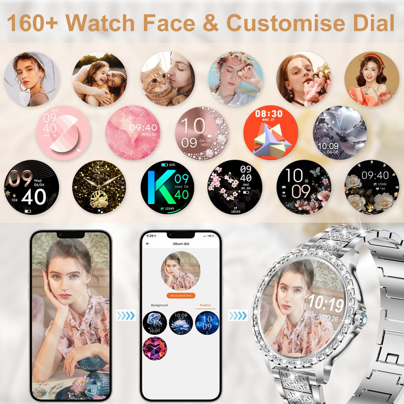 Smart Watch for Women with Diamonds (Answer/Make Call),1.32''Full Screen Smart Watch for Android /iOS,Fitness Tracker with Heart Rate/Blood Oxygen/Sleep Monitor/AI Voice Watches for Women,3 Straps Silver