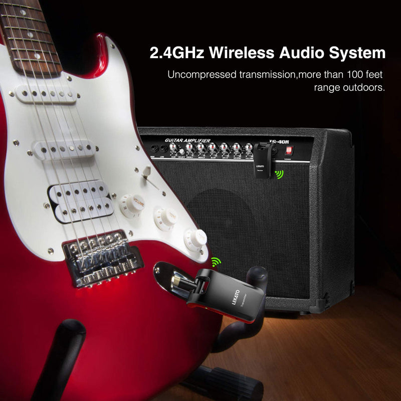 [AUSTRALIA] - LEKATO Wireless Guitar System 2.4GHz Rechargeable Audio Wireless Transmitter Receiver 6 Channels for Guitar Bass Electric Instruments, Stereo and Mono 1/4” & 1/8” 2 in 1 Plugs,Black(WS-60) black 