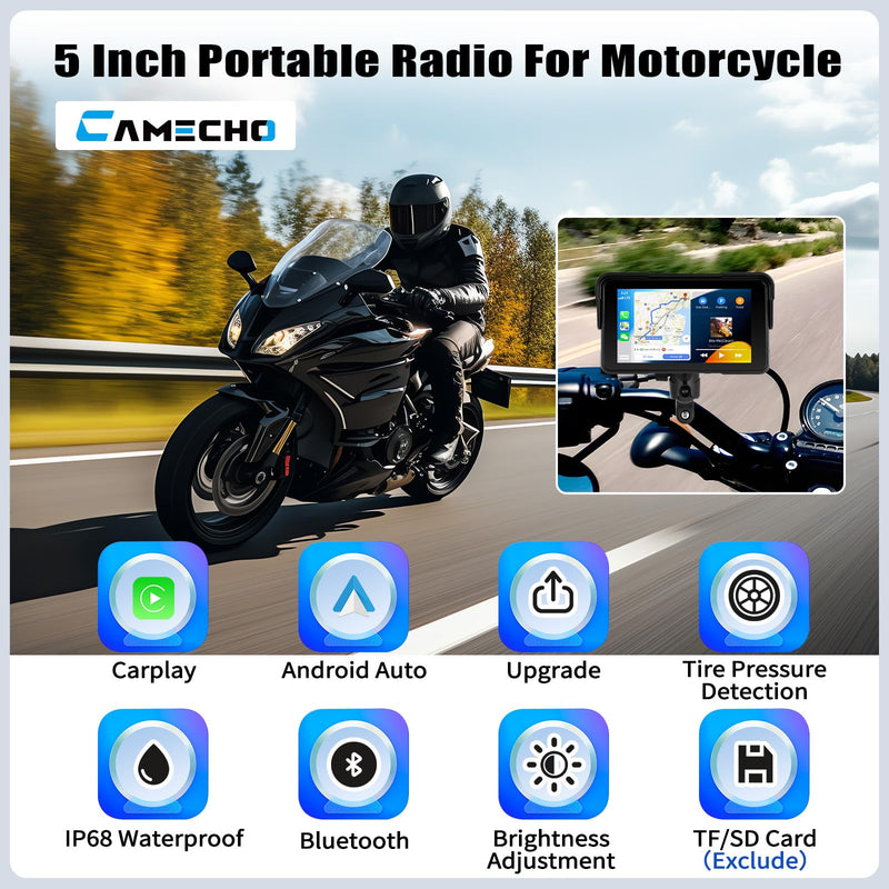 CAMECHO Motorcycle Wireless CarPlay & Android Auto Screen, 5" IP68 Waterproof HD for Moto Motorbike Touchscreen Car Stereo Support Bluetooth, GPS, Siri, USB Upgrade TF 12V 5 Inch+IP68
