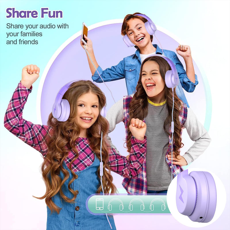 Kids Headphones, Wired Headphones for Kids with Microphone, 85/94dB Volume Limiter Headphones for Girls Boys with Sharing Jack, Foldable Headphones for Online Study, Gradient Deep Purple