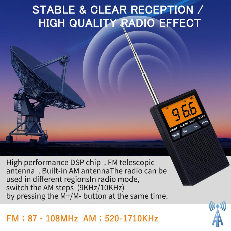 [AUSTRALIA] - AM FM Pocket Radio,Mini Portable Radio, Battery Operated by 2 AA Batteries with Stereo Earphone, Large Digital Display, Time Display, Digtal Alarm Clock (Black) black 