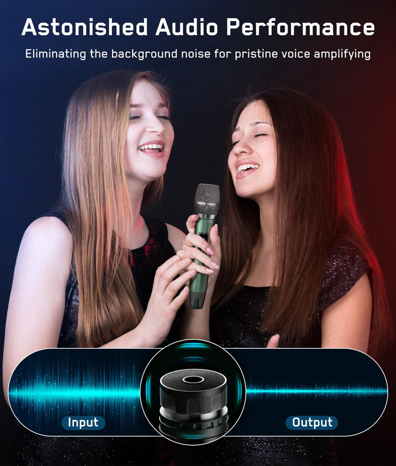 [AUSTRALIA] - Rechargeable Wireless Microphone, Two Metal UHF Microphones with 1/4" Receiver, Plug-and-Play for Karaoke Singsing, Lecture, Stage Performance, PA System (Green - One Mic) Green - One Mic 