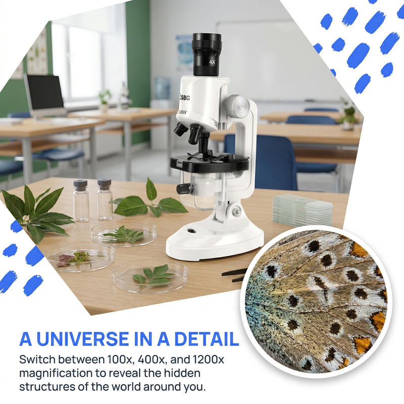 [AUSTRALIA] - Kids Microscope Kit with LED Light - 100X/400X/1200X Magnification for STEM Learning, 12 Prepared Slides, Easy-to-Use Science Learning Kit (Ages 5-12) - White 