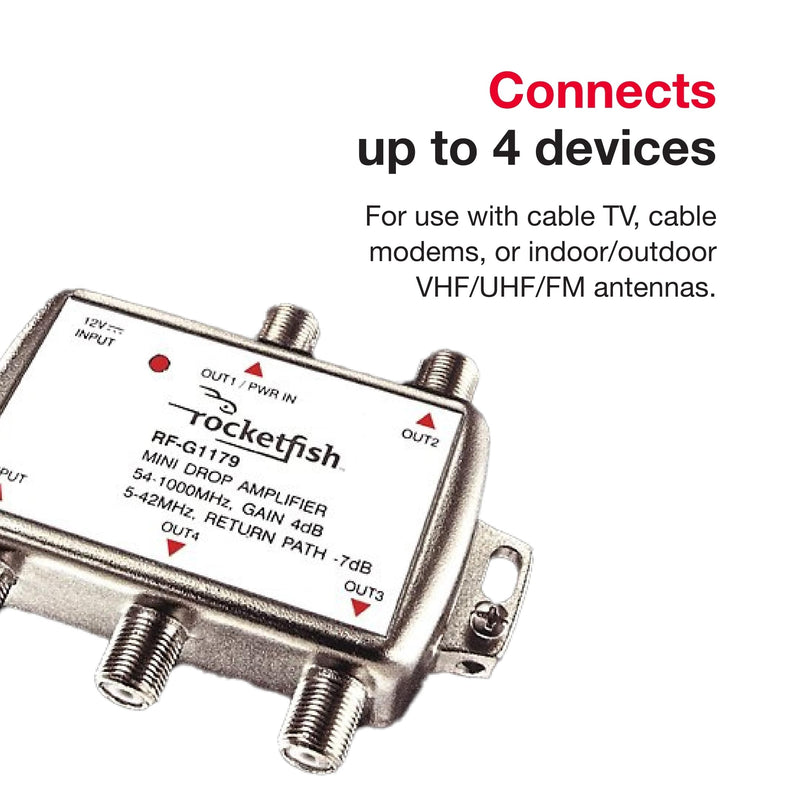 Rocketfish 4 Output Coaxial Amplifier - Coaxial Connection Amplifier for Cable TV & Modems - Antenna Amplifier with LED Power-On Indicator & 2-Way Frequency Range - Amplifier Prevents Signal Loss