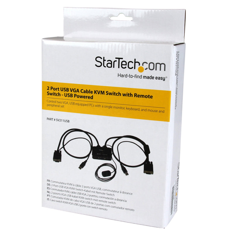 StarTech 2-Port USB VGA Cable KVM Switch 2048x1536 USB Powered (SV211USB) | Integrated KVM cables and remote switch, USB powered, Dual, Push-button hotkey or software switching, Compact