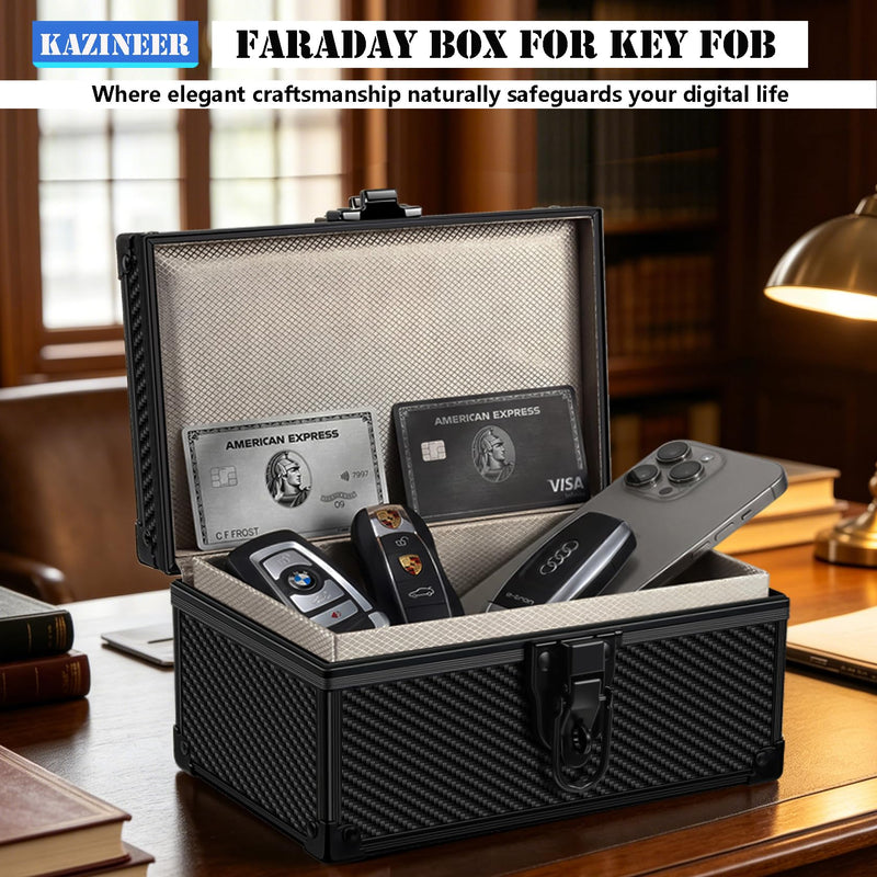 Faraday Box for Car Keys, Large, Carbon Fiber Black | Keyless Entry Signal Blocker, Anti-Theft Protector, RFID Shielding Cage