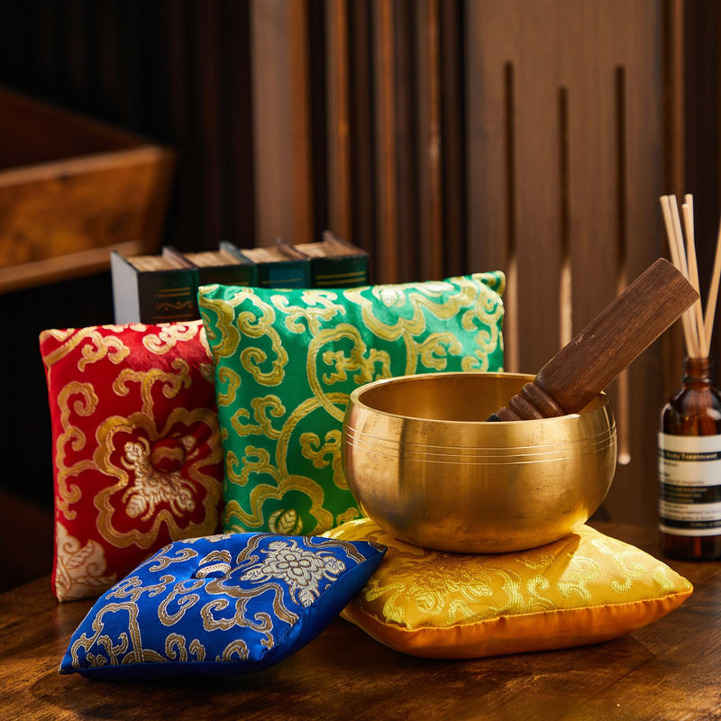 5 Pcs Silk Singing Bowl Cushion Set 4 Square Singing Bowl Cushion Pillow Pad with Wood Mallet for 4-8 Inch Tibetan Crystal Sound Bowls, 4 Sizes