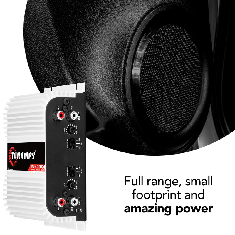 Taramps TS 400x4 400 watts RMS 4 Channels Full Range Car Audio Amplifier, 2 Bridged Channels, RCA Input Class D, Output Power, Multichannel Amplifier System, Small - TS400X4 | Bridgeable outputs, built-in HPF/LPF crossovers and RCA inputs provide flexi...
