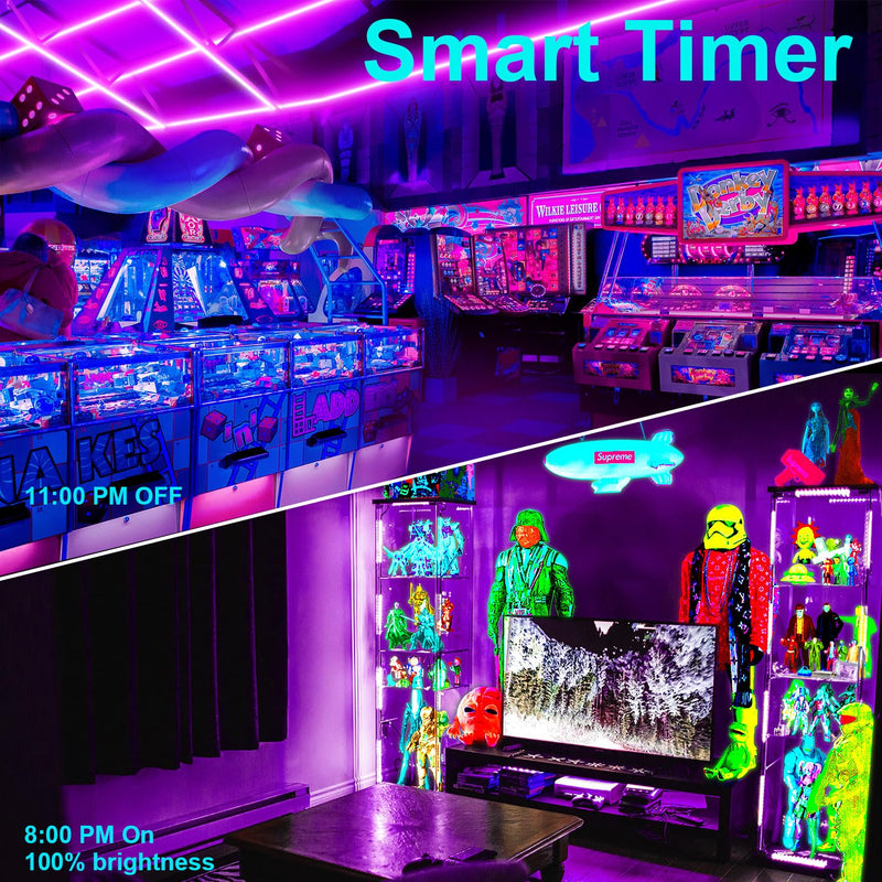 100FT Black Light LED Strip App Control With Remote, Smart Purple Neon Blacklight Adhesive for Glow Party, UV Light for Halloween Decor, Bedroom, Tapestry, Poster 100FT