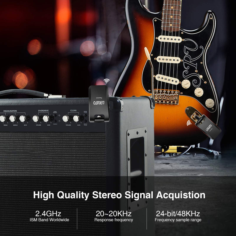 [AUSTRALIA] - LEKATO Wireless Guitar System 2.4GHz Rechargeable Audio Wireless Transmitter Receiver 6 Channels for Guitar Bass Electric Instruments, Stereo and Mono 1/4” & 1/8” 2 in 1 Plugs,Black(WS-60) black 